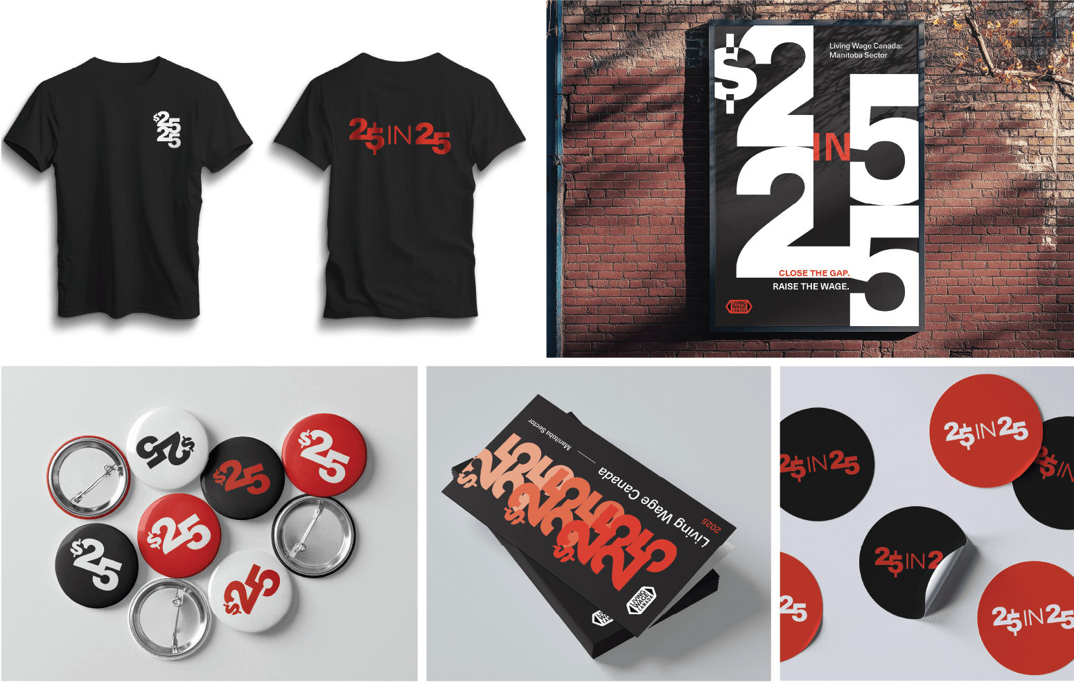 25 in 25 brand toolkit expressions, including t-shirt, poster, pins, pamplet, and stickers.