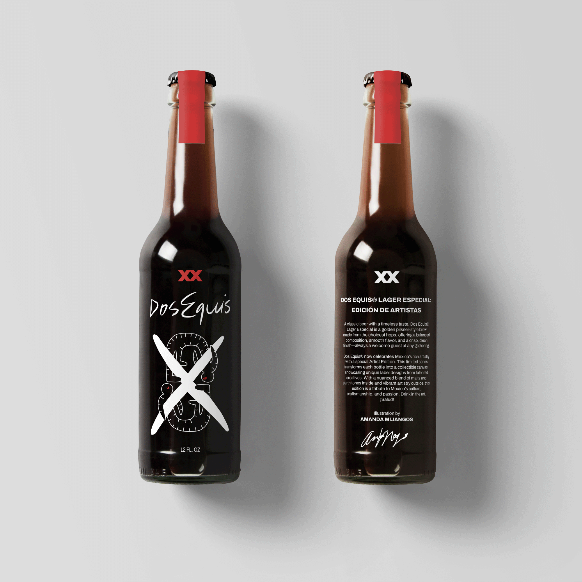 Front and back of beer bottle redesign for Dos Equis