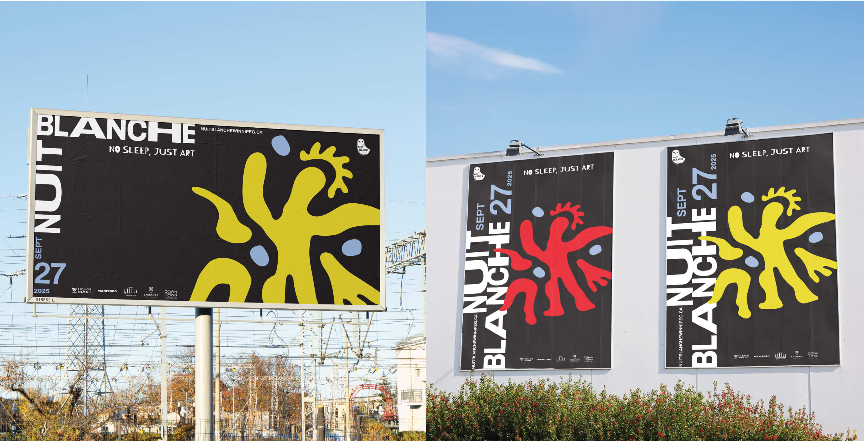Mockups of Nuit Blanche posters on horizontal and vertical billboards.