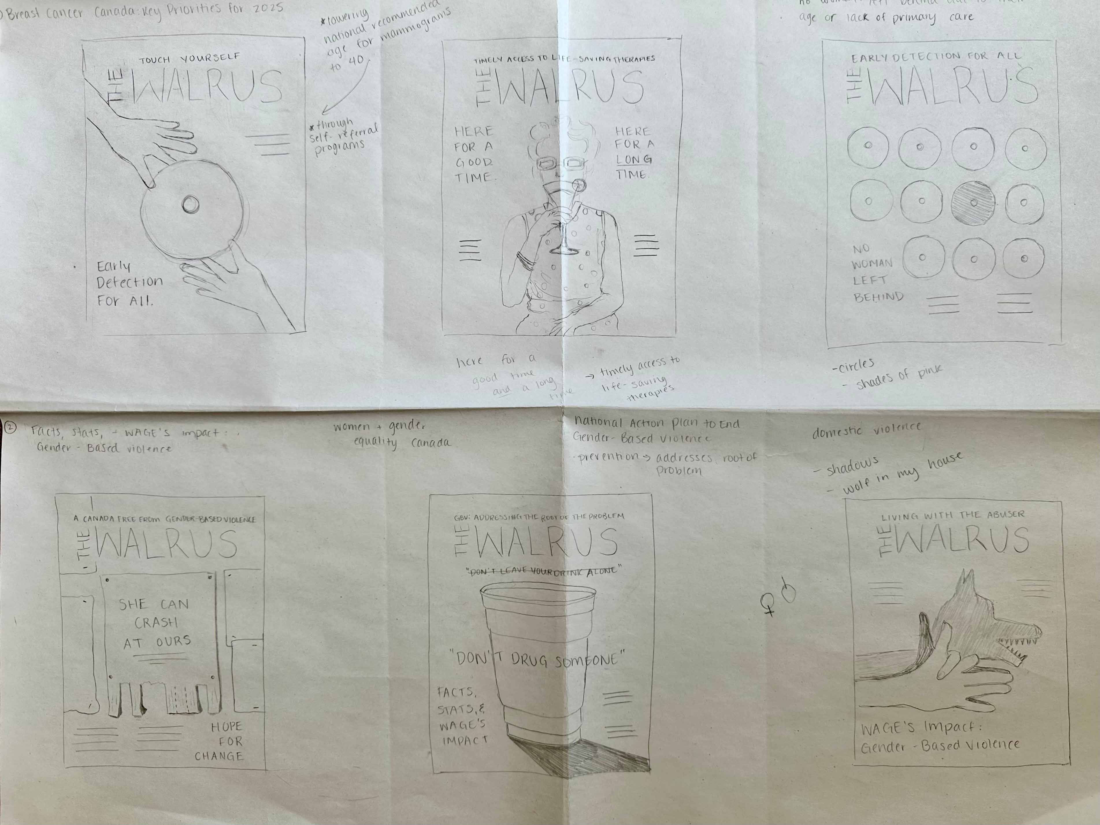 Thumbnail drawings for Walrus Magazine Cover